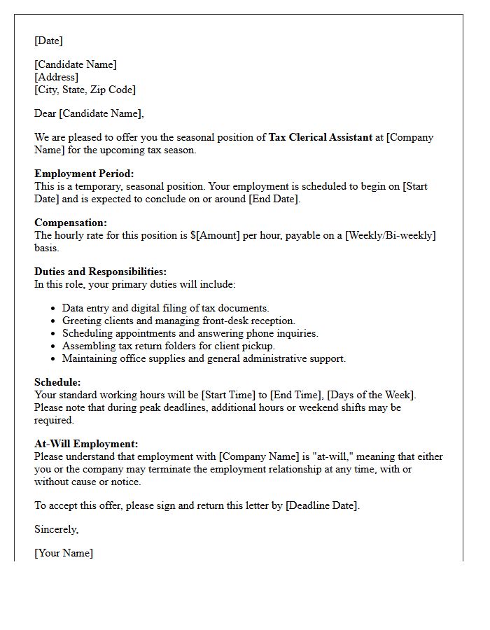 Tax Season Clerical Seasonal Employment Placement Offer Letter
