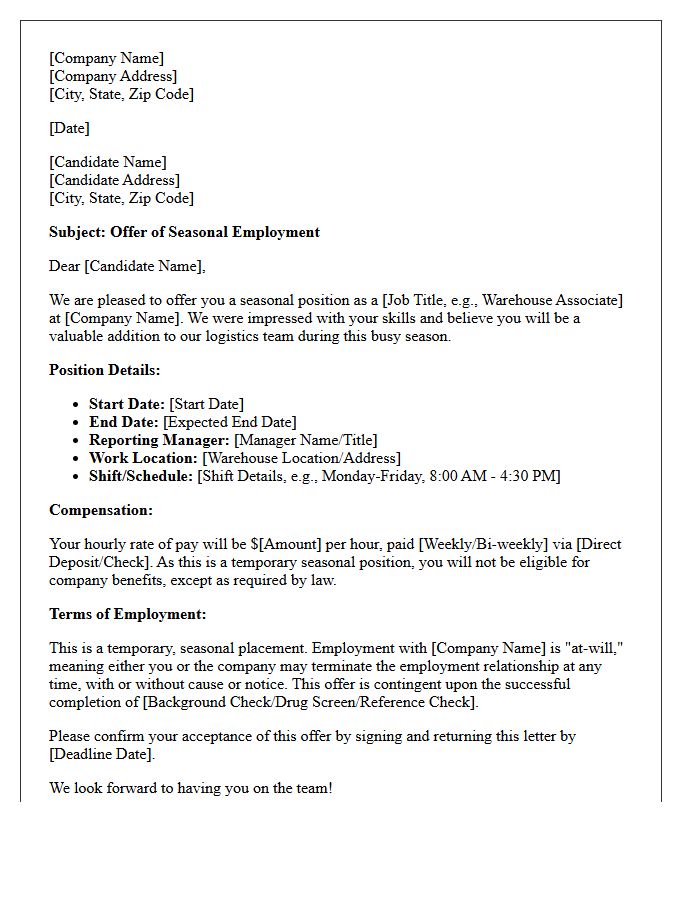 Warehouse And Logistics Seasonal Employment Placement Offer Letter