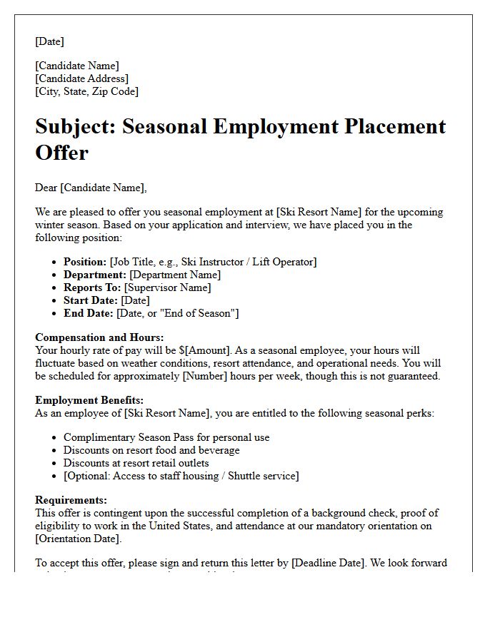 Winter Ski Resort Seasonal Employment Placement Offer Letter