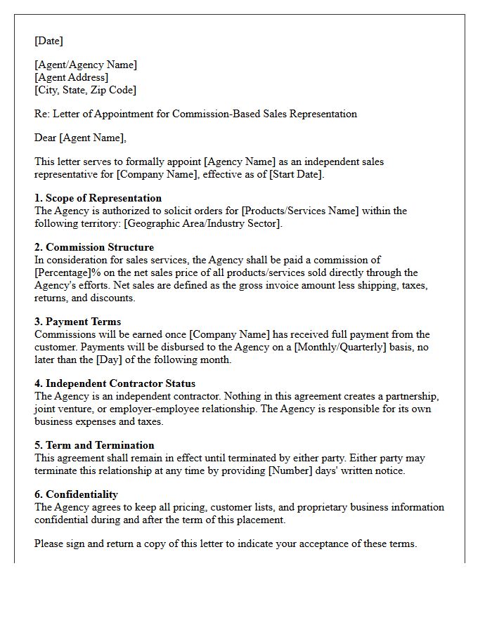 Agency Placement Letter for Commission-Based Sales