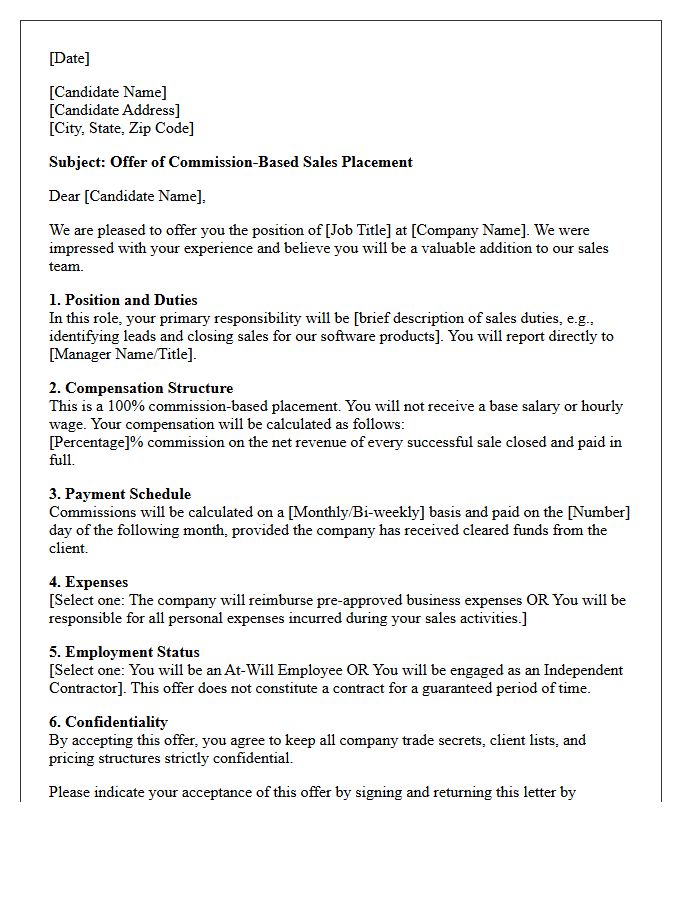 Commission-Based Sales Placement Offer Letter
