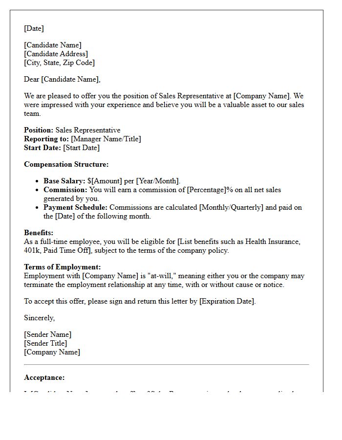 Commission-Driven Sales Representative Offer Letter
