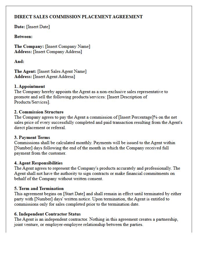 Direct Sales Commission Placement Agreement Letter