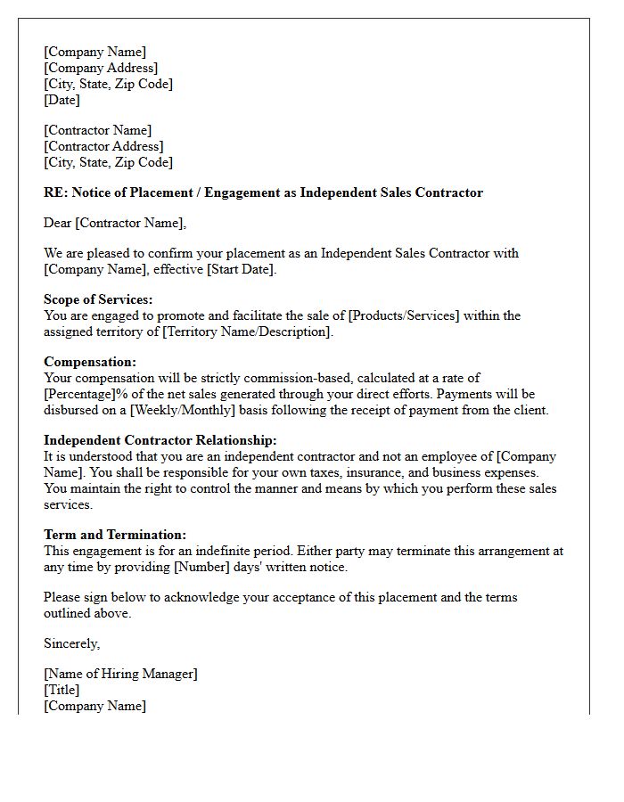 Independent Sales Contractor Placement Letter