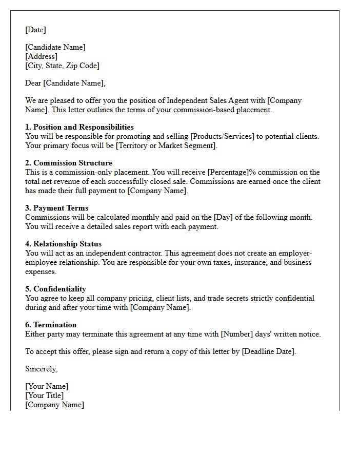 Sales Agent Commission Placement Offer Letter