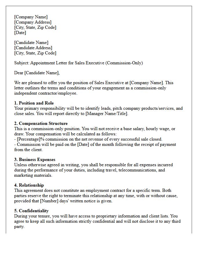 Sales Executive Commission-Only Placement Letter