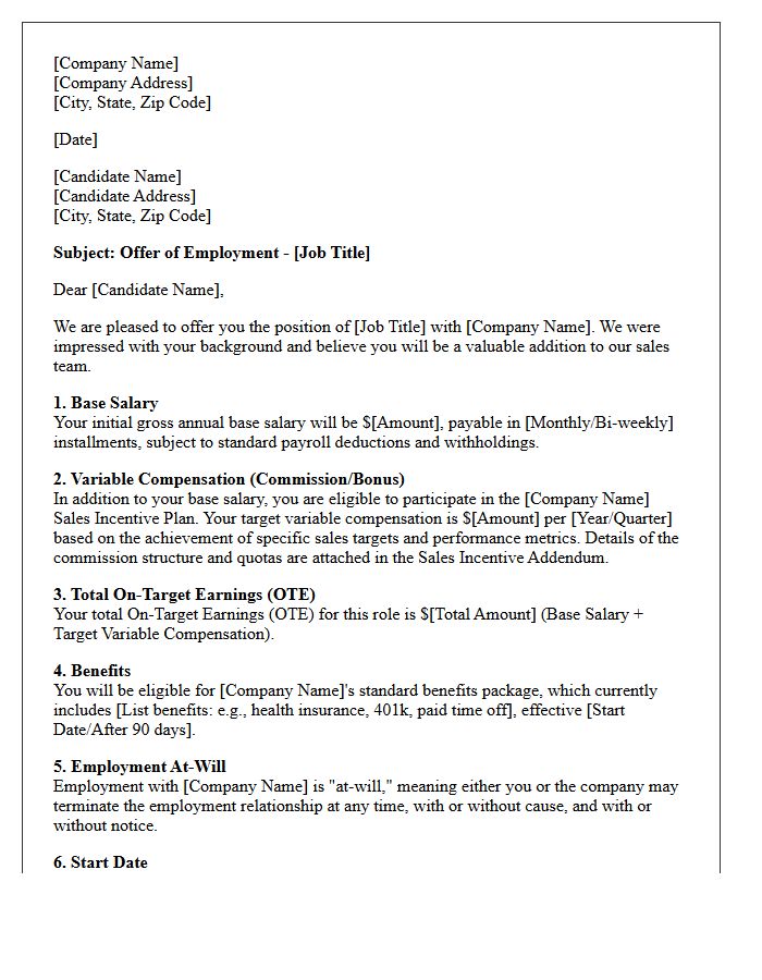 Variable Compensation Sales Placement Offer Letter