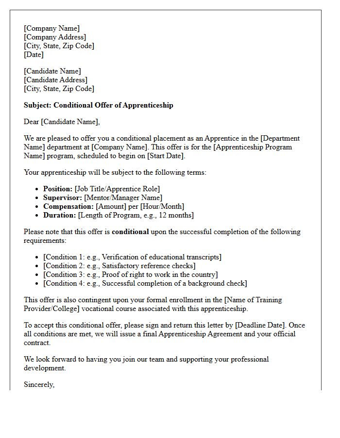 Conditional Apprenticeship Placement Offer Letter