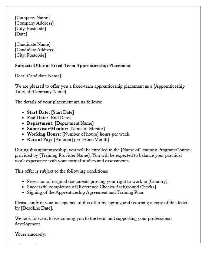 Fixed-Term Apprenticeship Placement Offer Letter