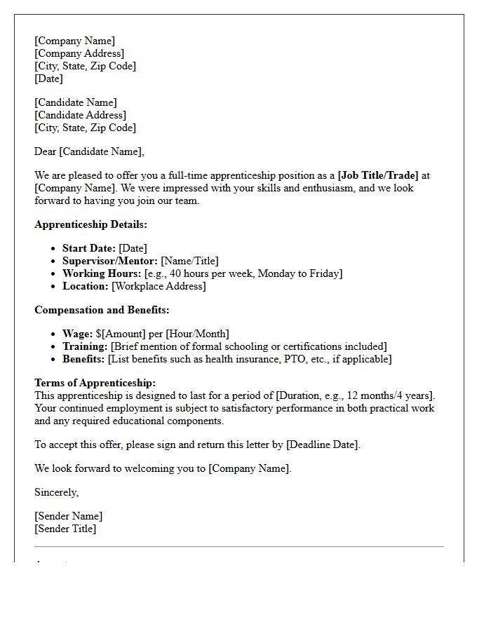 Full-Time Apprenticeship Placement Offer Letter
