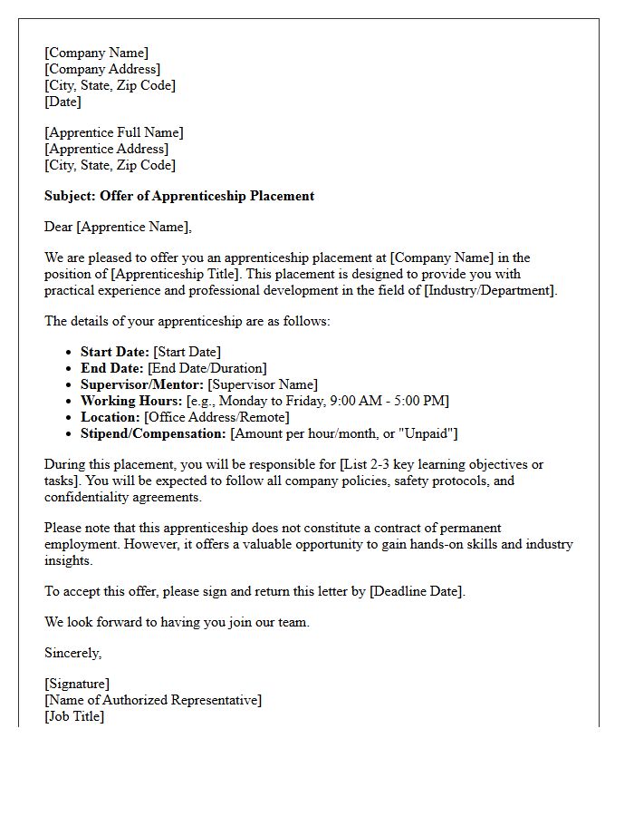 Host Company Apprenticeship Placement Offer Letter