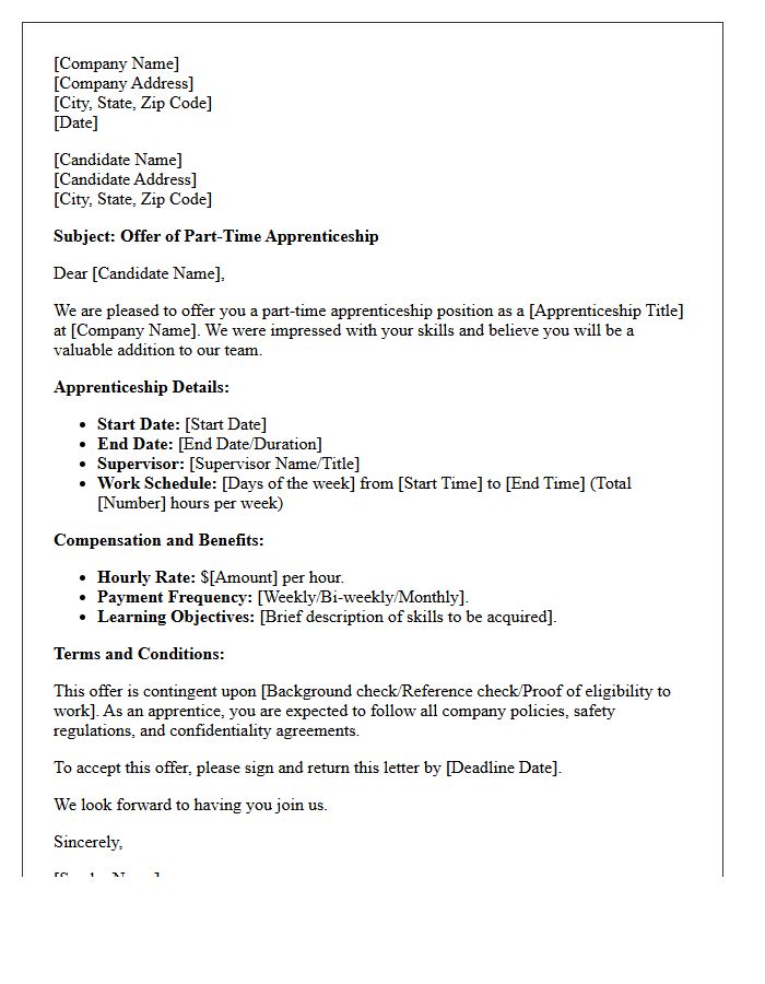 Part-Time Apprenticeship Placement Offer Letter