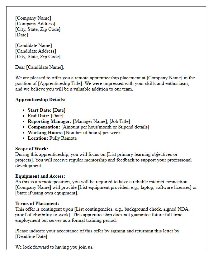 Remote Apprenticeship Placement Offer Letter