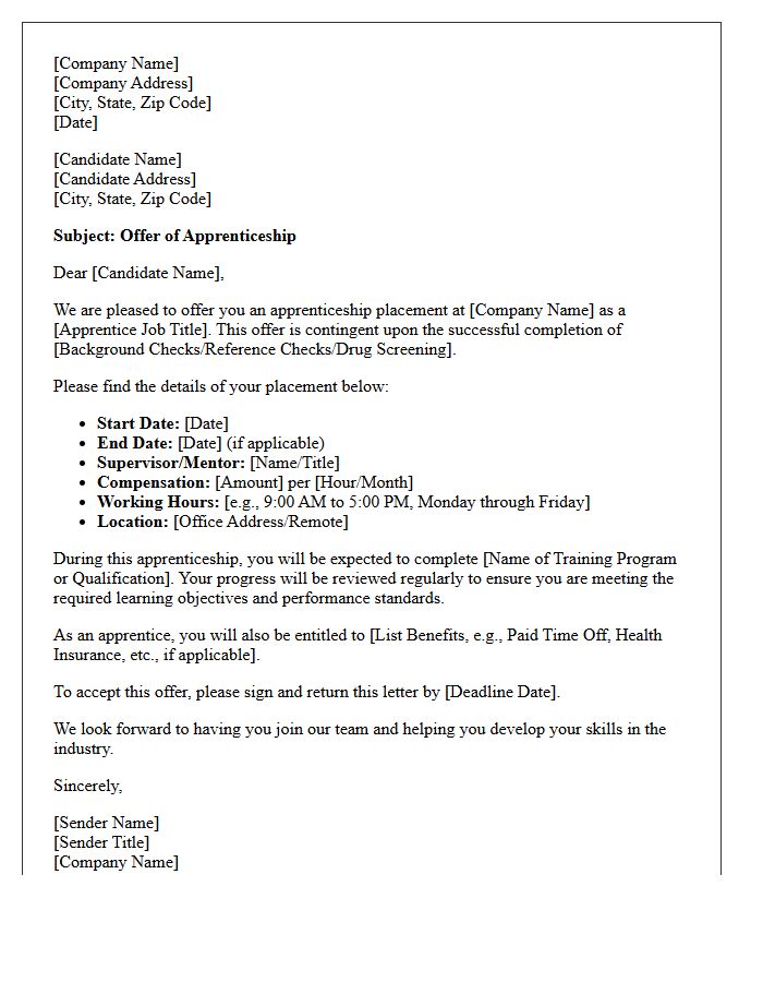Standard Apprenticeship Placement Offer Letter
