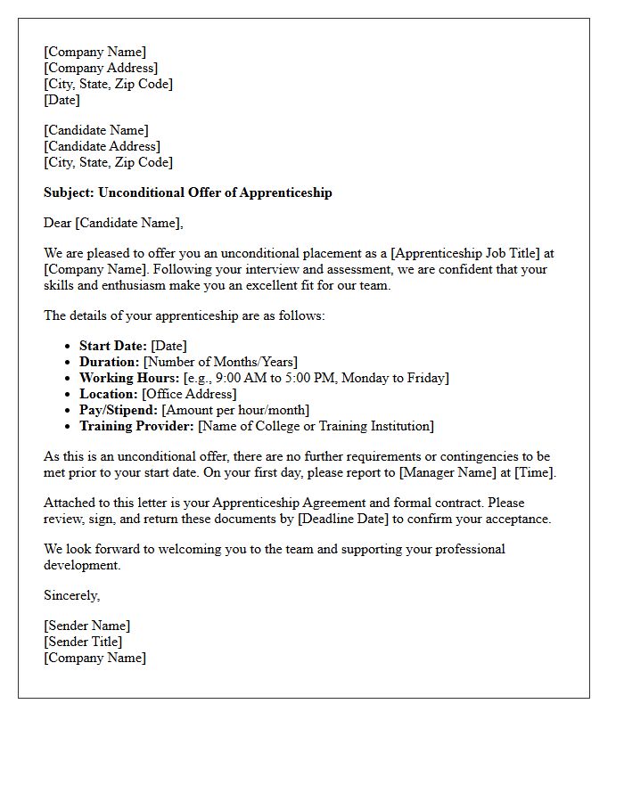 Unconditional Apprenticeship Placement Offer Letter