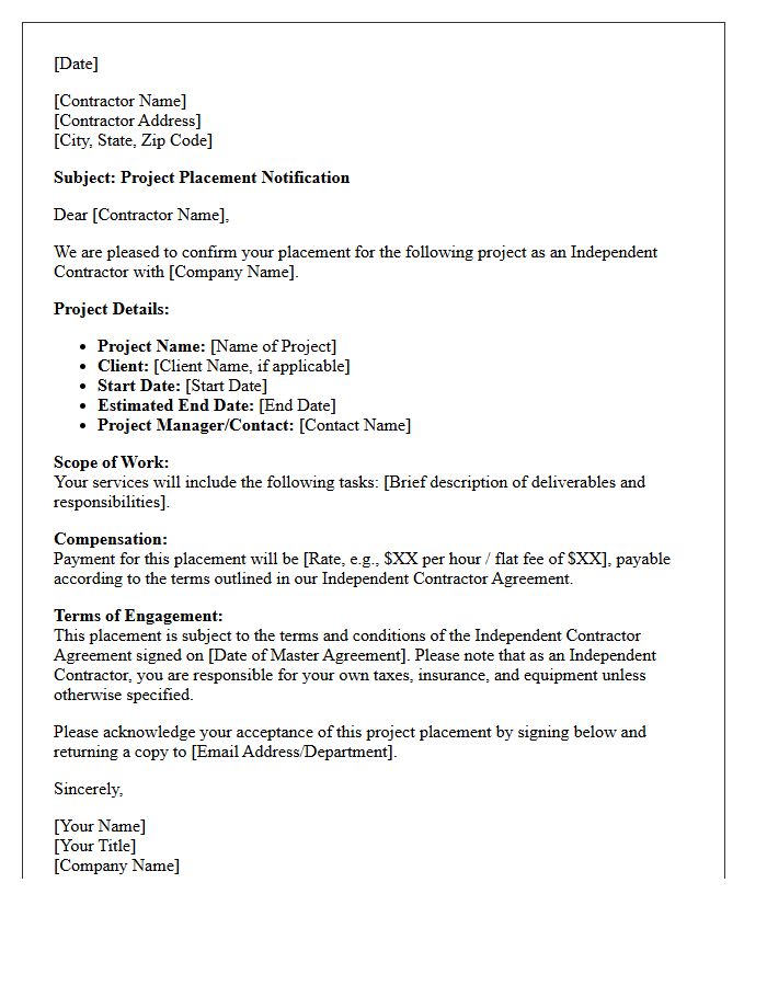 Independent Contractor Project Placement Letter