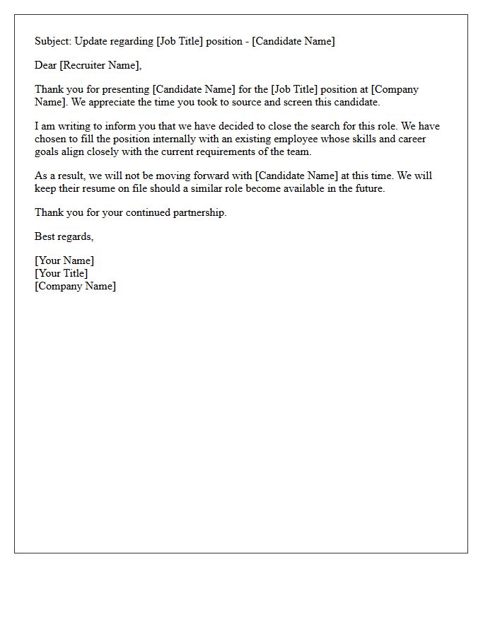 Agency Candidate Rejection Letter for Internal Role Fill