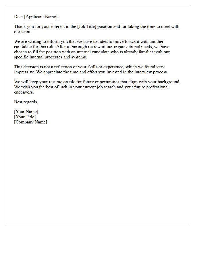 External Applicant Rejection Letter Following Client Internal Hire