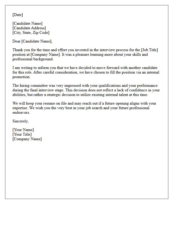 Final Stage Rejection Letter Due to Internal Promotion