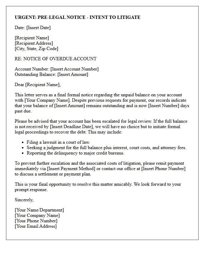 Account Escalation Pre-Legal Notice Letter