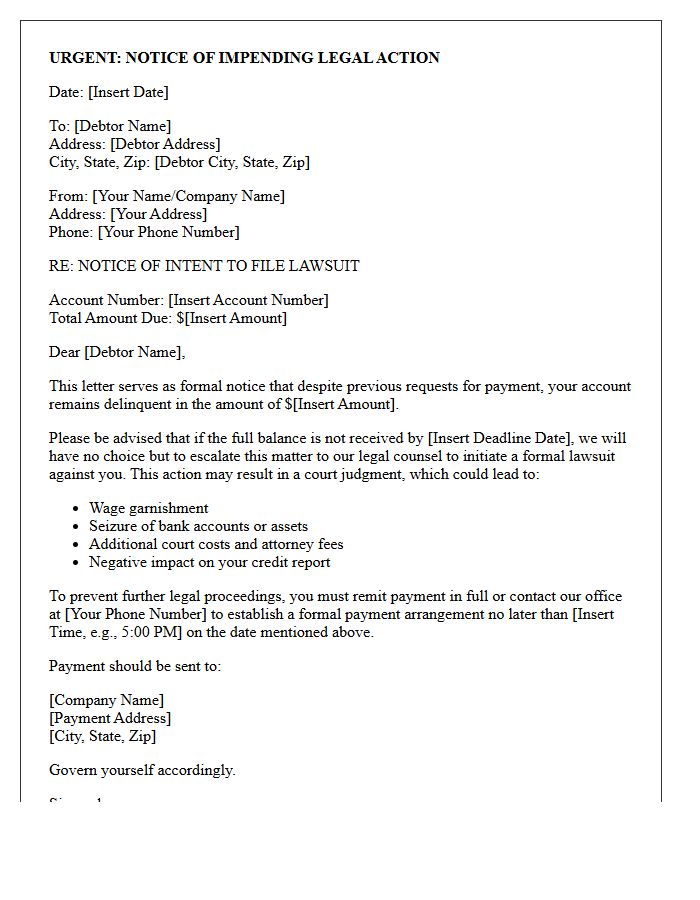 Impending Legal Action Debt Collection Letter