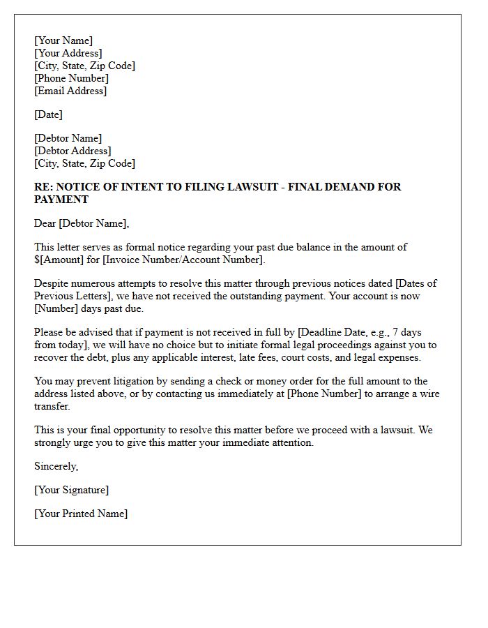 Notice of Intent to Litigate Past Due Letter