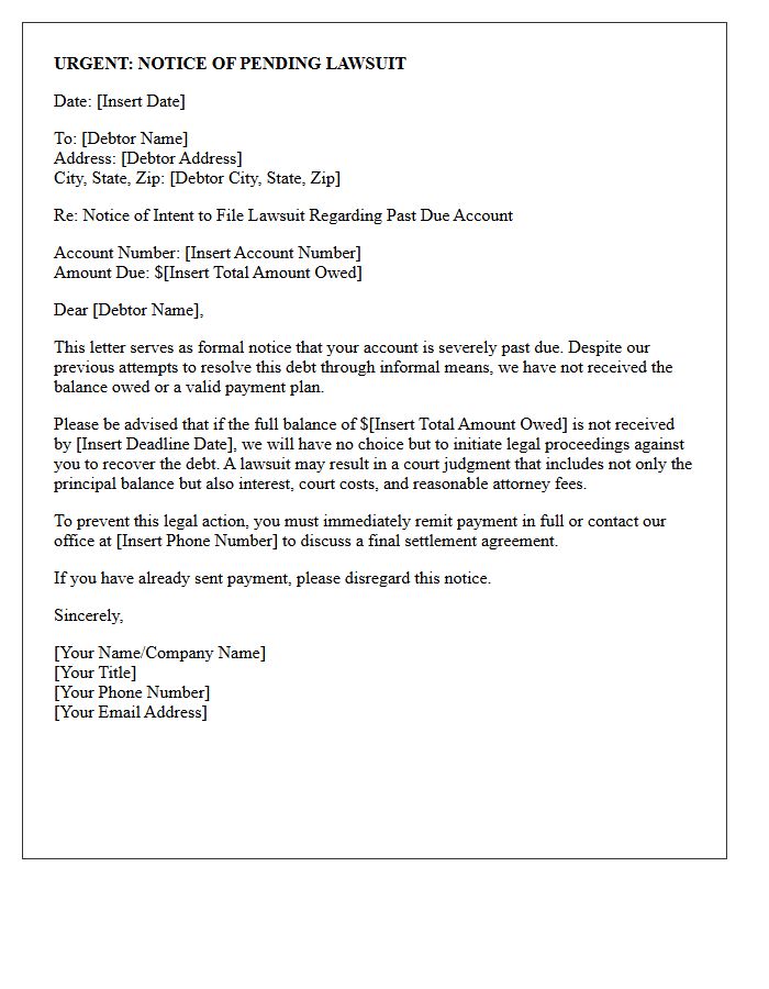 Notice of Pending Lawsuit Past Due Letter