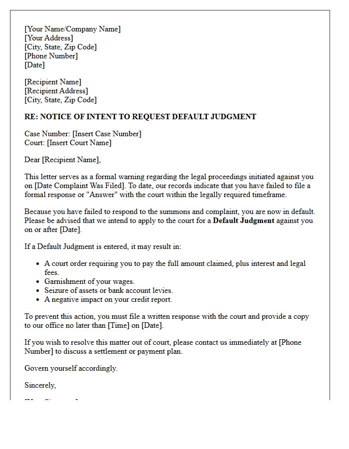 Pre-Legal Default Judgment Warning Letter