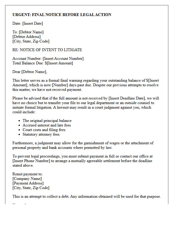 Pre-Litigation Final Warning Collection Letter