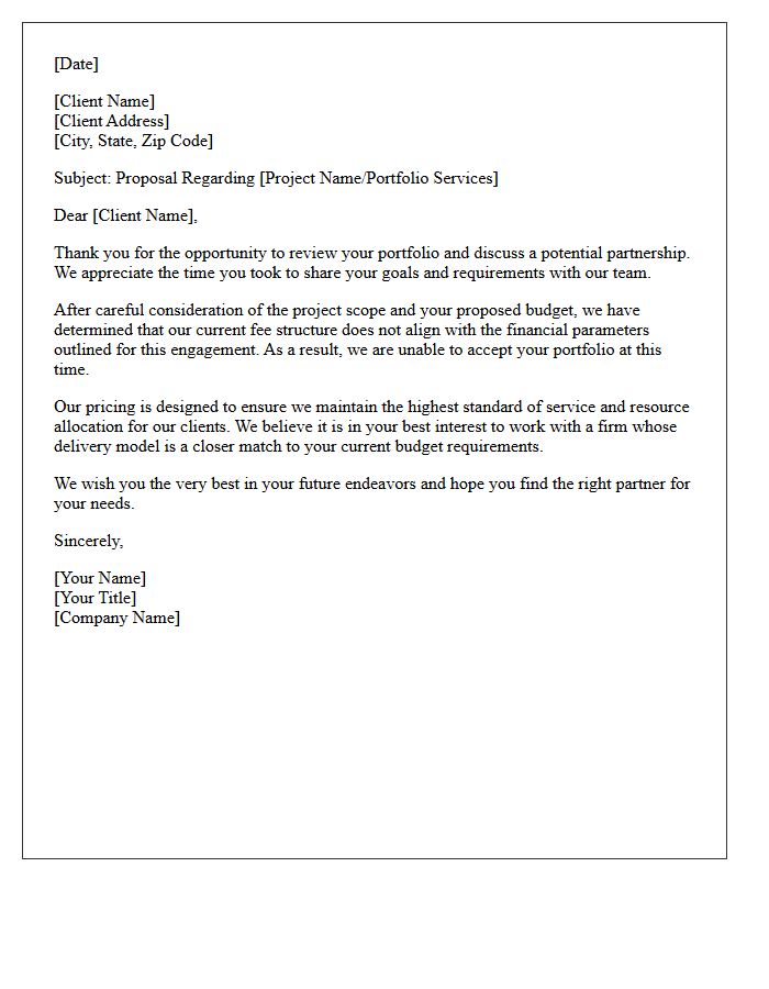 Fee Structure Misalignment Client Portfolio Rejection Letter