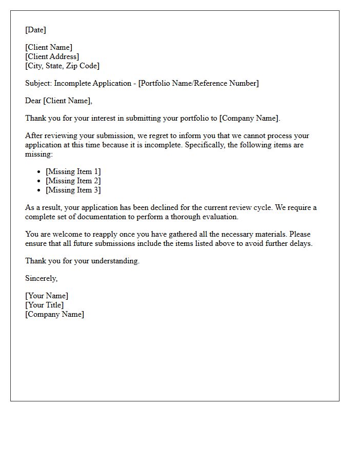 Incomplete Application Client Portfolio Rejection Letter