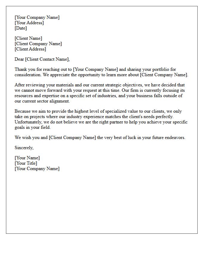 Industry Mismatch Client Portfolio Rejection Letter