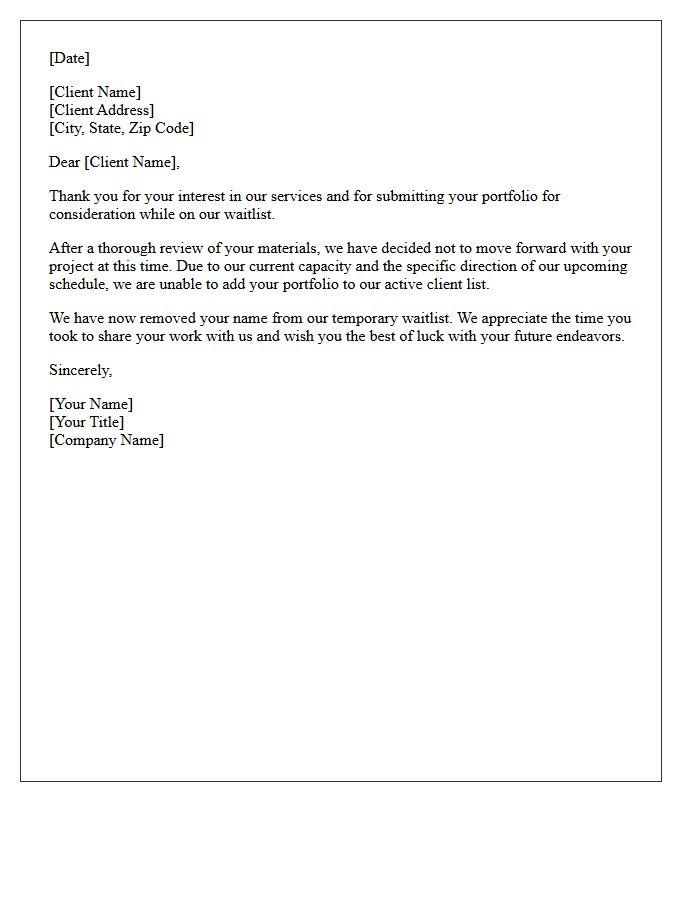 Temporary Waitlist Client Portfolio Rejection Letter