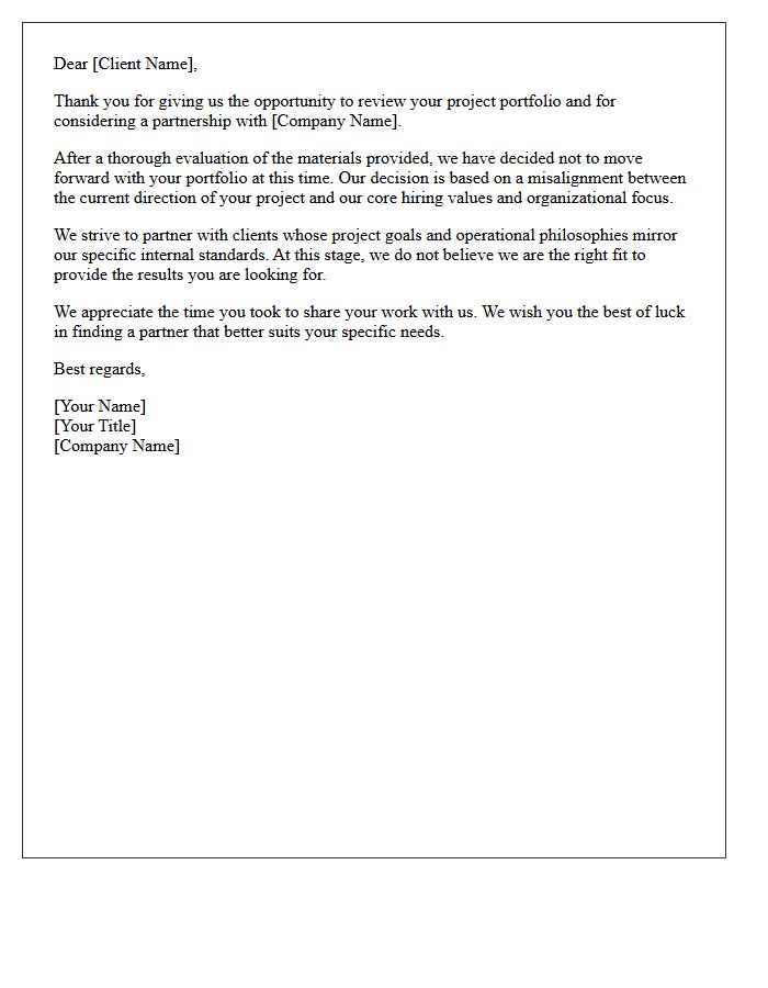 Unmatched Hiring Values Client Portfolio Rejection Letter