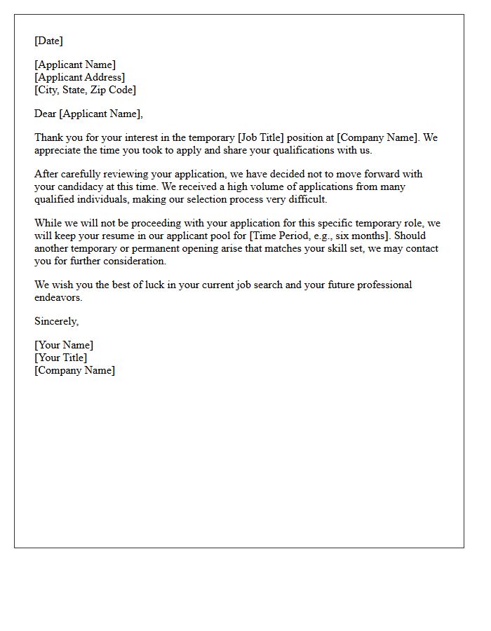 Temporary Role Applicant Pool Rejection Letter