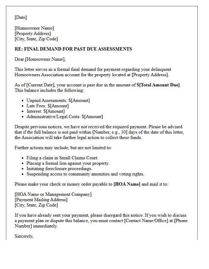 Final Demand For Past Due Homeowners Association Dues Letter