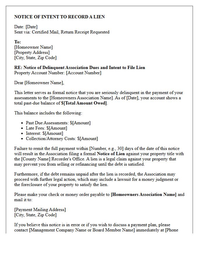 Intent To File Property Lien For Unpaid Homeowners Association Dues Letter