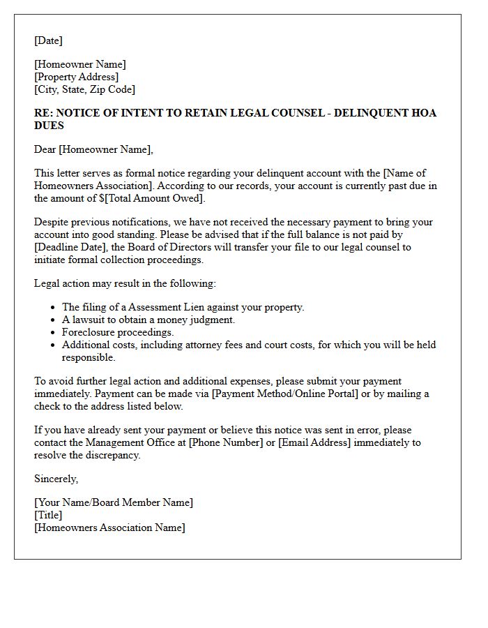 Intent To Retain Legal Counsel For Delinquent Homeowners Association Dues Letter