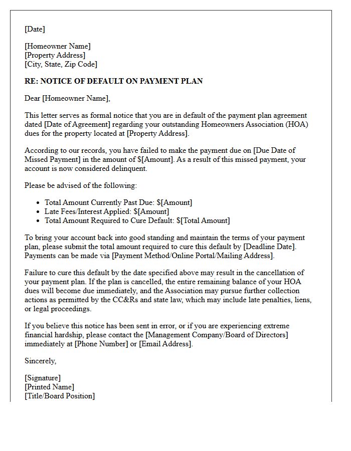 Notice Of Default On Payment Plan For Homeowners Association Dues Letter