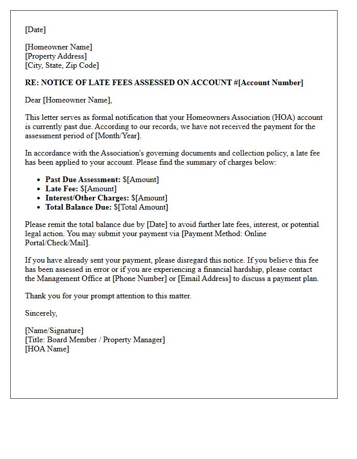 Notice Of Late Fees Assessed On Homeowners Association Account Letter