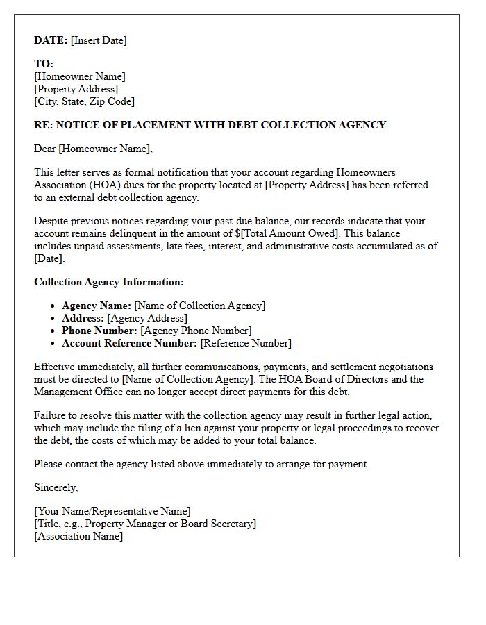 Notice Of Placement With Debt Collection Agency For Homeowners Association Dues Letter