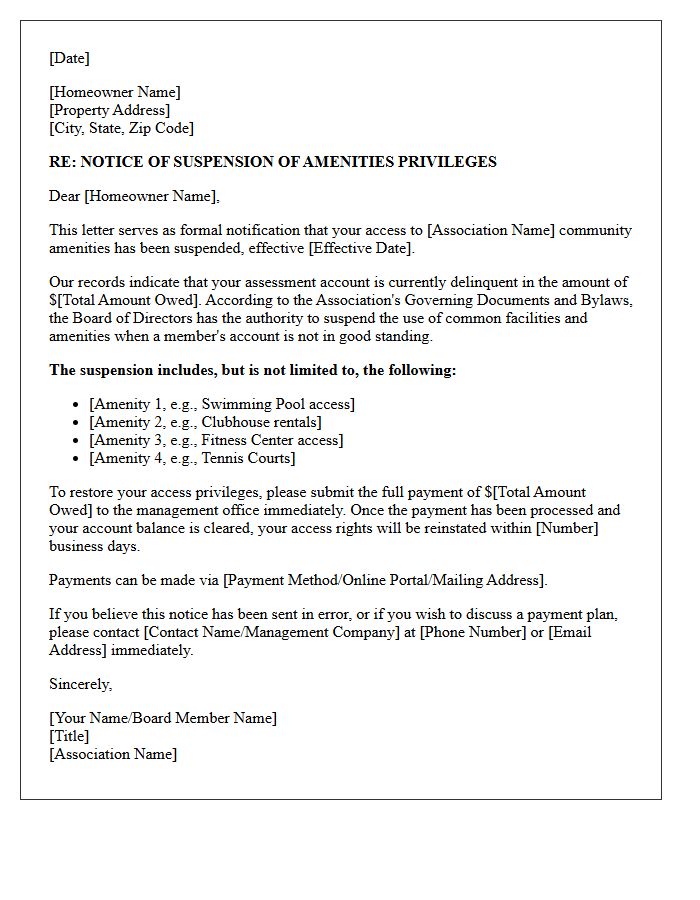 Notice Of Suspension Of Amenities For Unpaid Homeowners Association Dues Letter