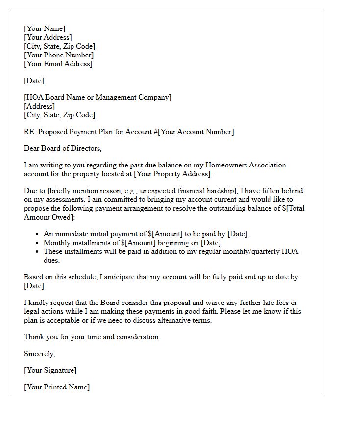 Proposed Payment Arrangement For Past Due Homeowners Association Dues Letter