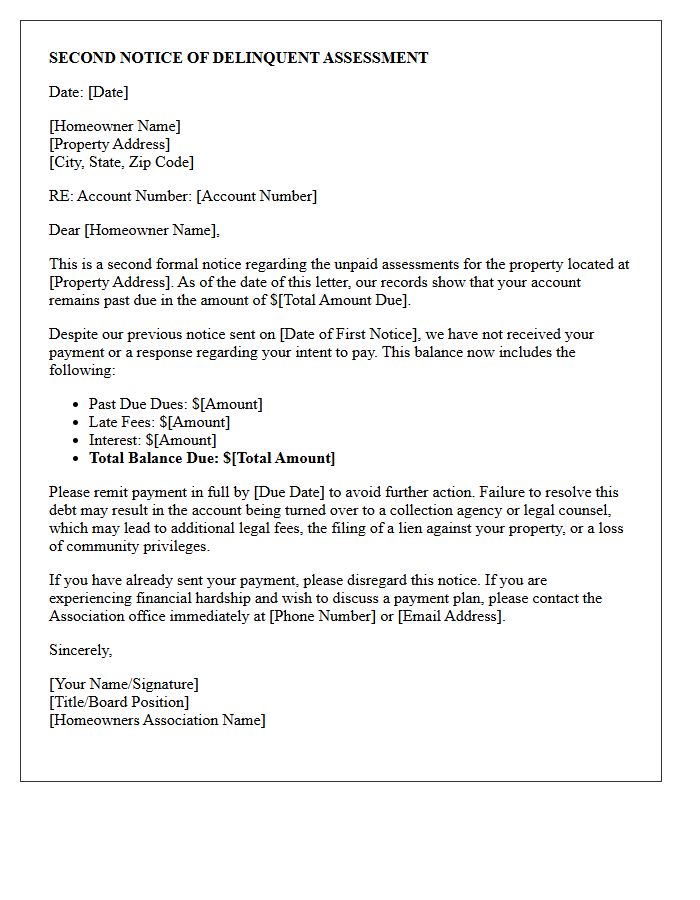 Second Warning For Delinquent Homeowners Association Dues Letter