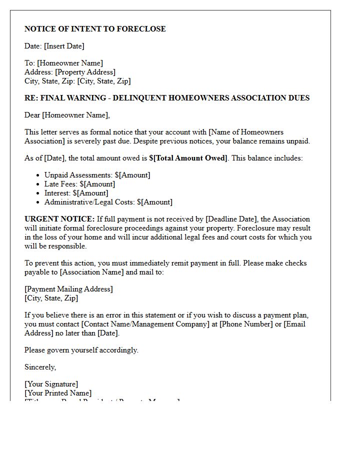Warning Of Foreclosure Proceedings For Unpaid Homeowners Association Dues Letter