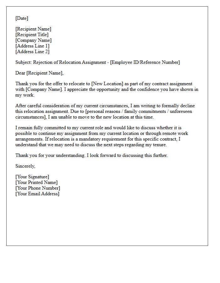 Contract Assignment Relocation Inability Rejection Letter