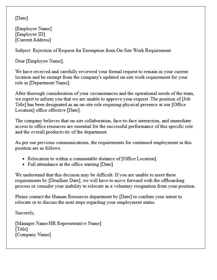 On-Site Requirement Relocation Inability Rejection Letter