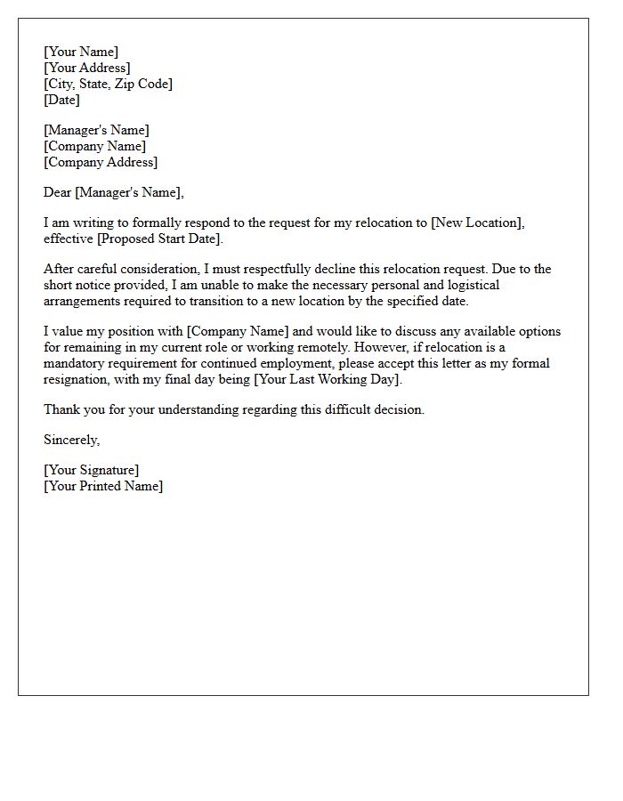 Short Notice Relocation Inability Rejection Letter