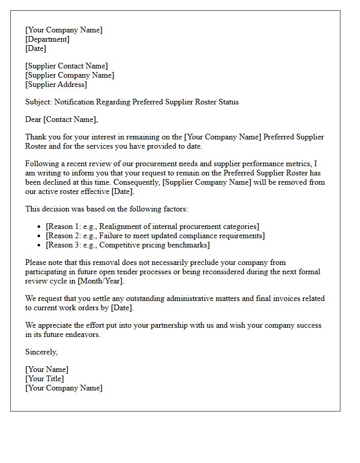 Preferred Supplier Roster Removal Rejection Letter