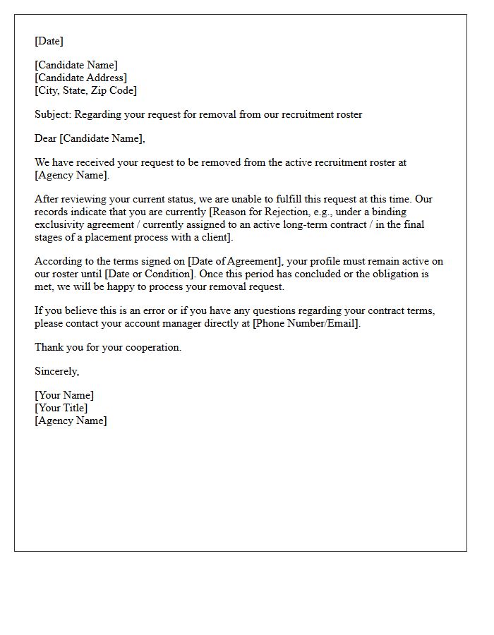 Recruitment Agency Roster Removal Rejection Letter